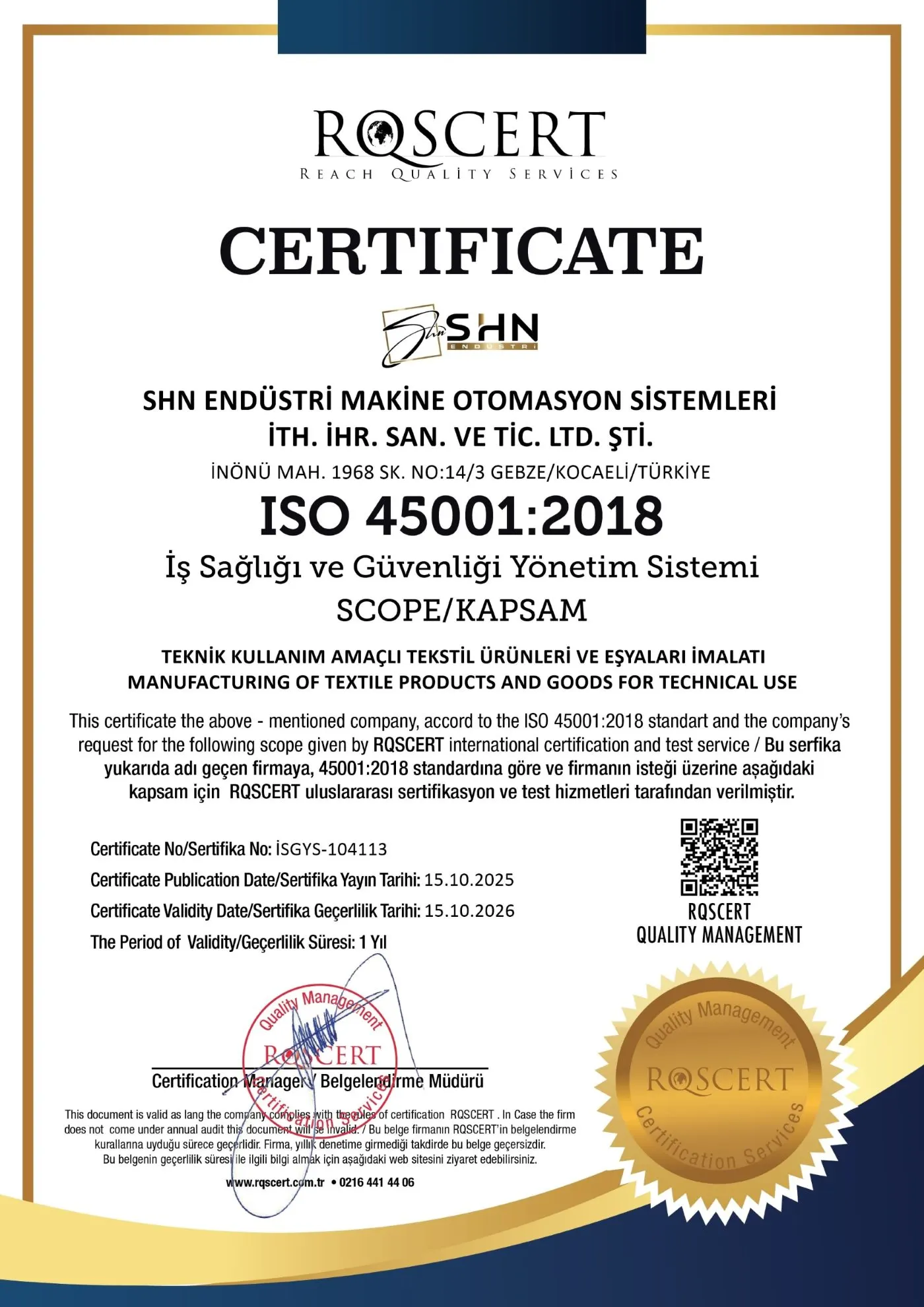 ISO 45001:2018 belgesi