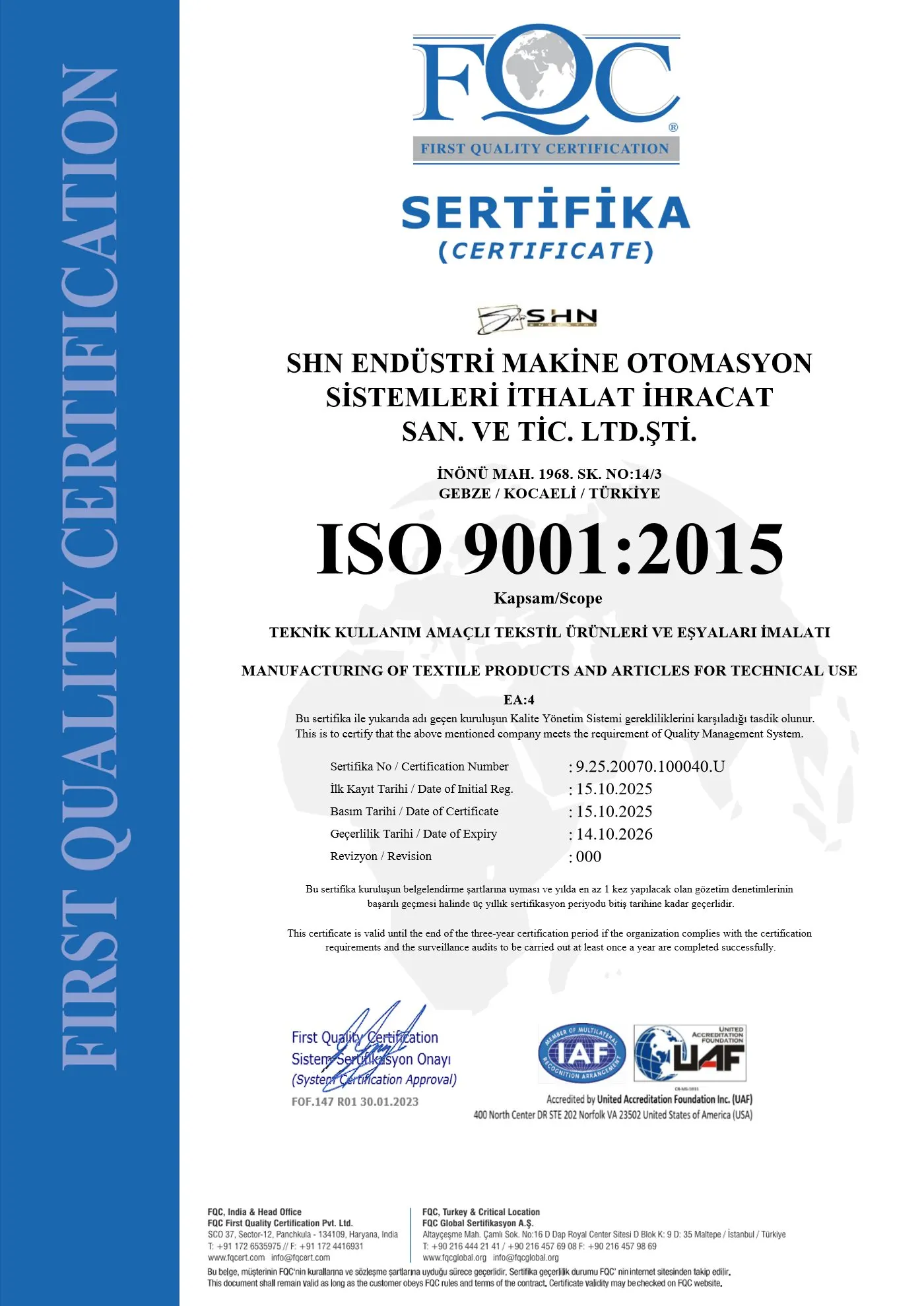 ISO 9001:2015 belgesi